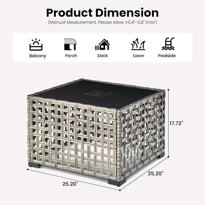 ovios Outdoor Side Table with Tempered Glass Top, Patio Wicker Rattan Solar Lights Tables for All-Weather Porch Deck Balcony Garden Poolside (Mixed Brown-Medium Size)
