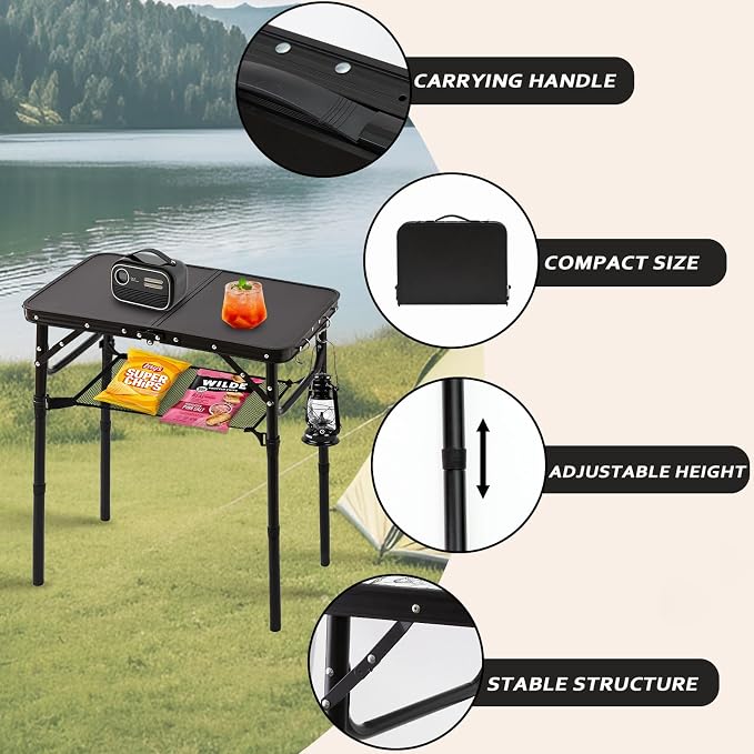 YihuiKo Folding Picnic Table with Storage Net, Matte Black Aluminum Folding Table 23.6" x 15.8", Adjustable Height Max 27.5", Lightweight Portable for Camping Travel Indoor
