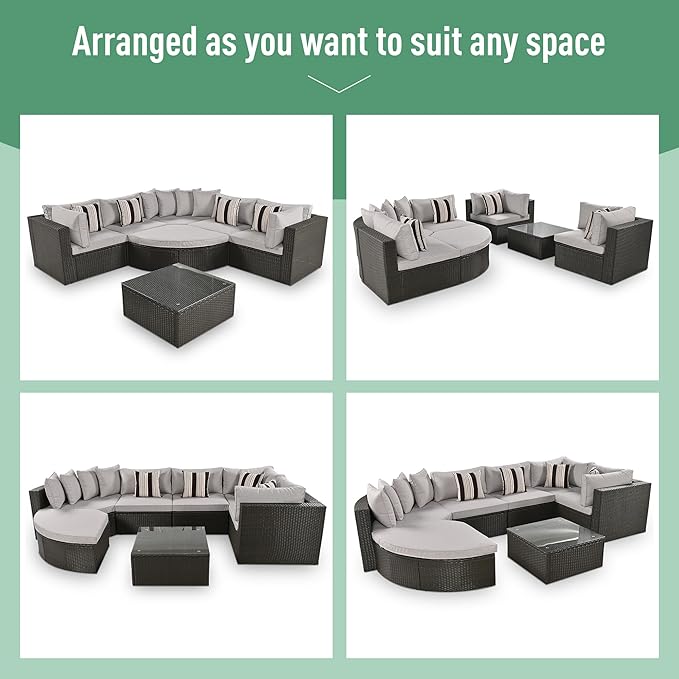 7-Piece Outdoor Wicker Sofa Set, Rattan Sofa Lounger with Striped Pillows, Gray Cushion, Conversation Sofa Set with Coffee Table, for Patio, Garden, Deck (Brown Wicker+Gray Cushion-@A)