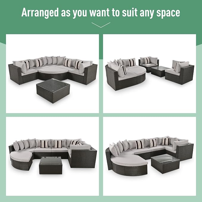 Merax 7-Piece Outdoor Wicker Sectional Sofa Set,Modular Rattan Conversation Set with Gray Cushions,Striped Green Pillows & Tempered Glass Coffee Table for Patio,Garden,Deck,Brown