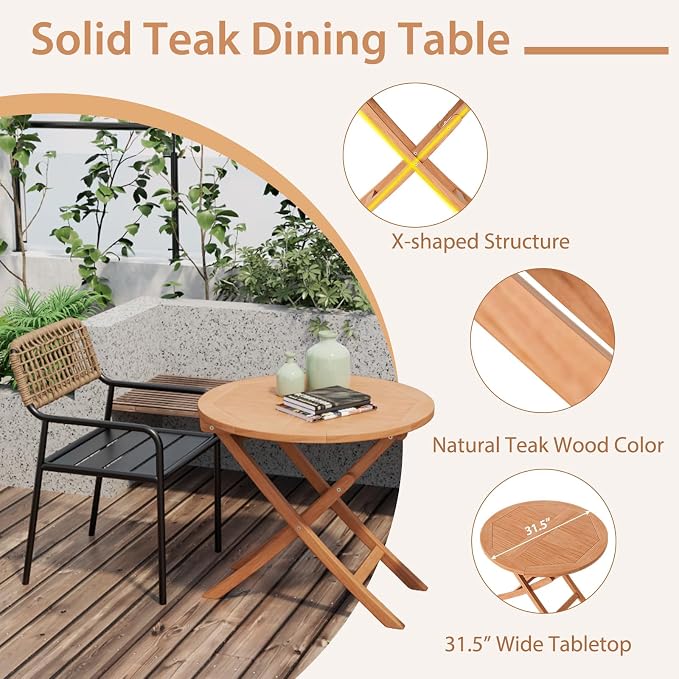 Giantex 31.5” Outdoor Folding Table, Indonesian Teak Patio Dining Table with Natural Appearance, Space-Saving Design, Outside Round Wood Dining Table for Deck, Backyard, Poolside