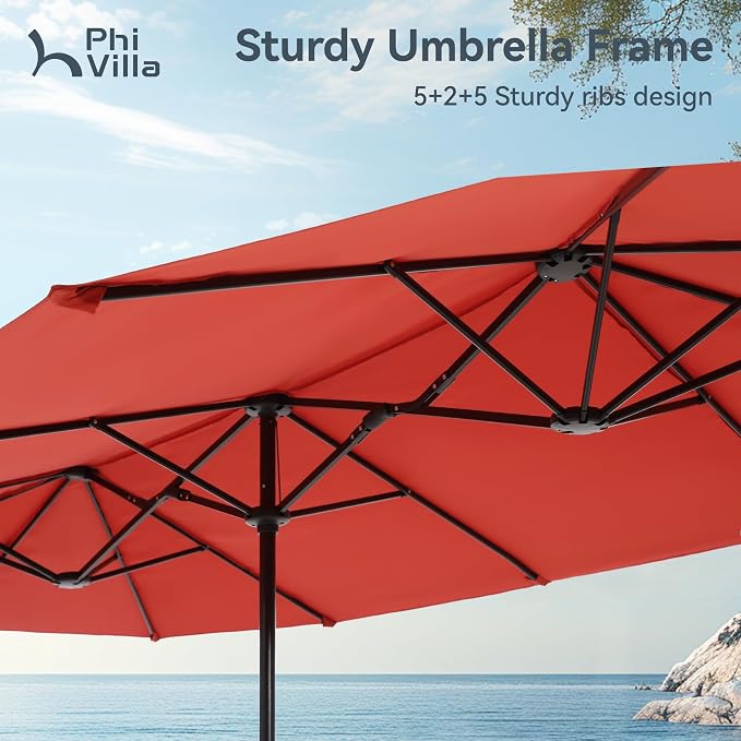 PHI VILLA 8 Pc Outdoor Dining Set with 13ft Umbrella, Swivel Mesh Chairs | 60'' wood-look rectangular table, 6 blue patio textilene chairs and 13ft orange red umbrella(NO BASE) for deck, garden, yard