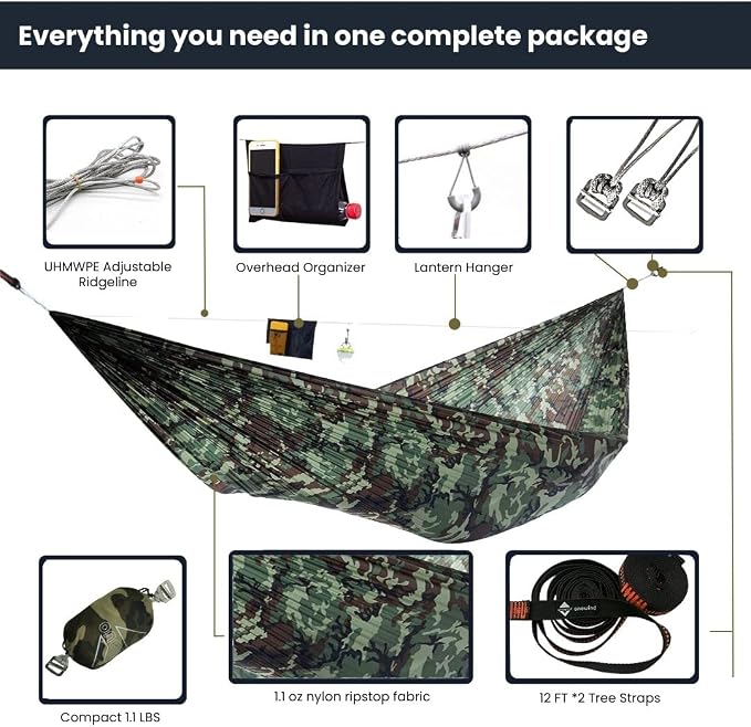 Onewind Camping Hammock, Ultralight Portable Hammock with Adjustable Ridgeline, Outdoor Hammock 20D Ripstop Nylon with 2 * 12Ft Tree Strap, Ideal for Camping, Hiking, Backpacking