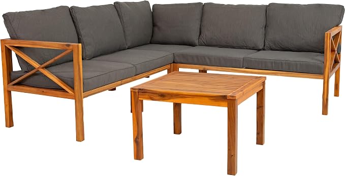 Sunnydaze 4-Piece Acacia Wood Patio Furniture Set - Edisto Outdoor Conversation Set - Wood Outdoor Furniture - Natural Gray