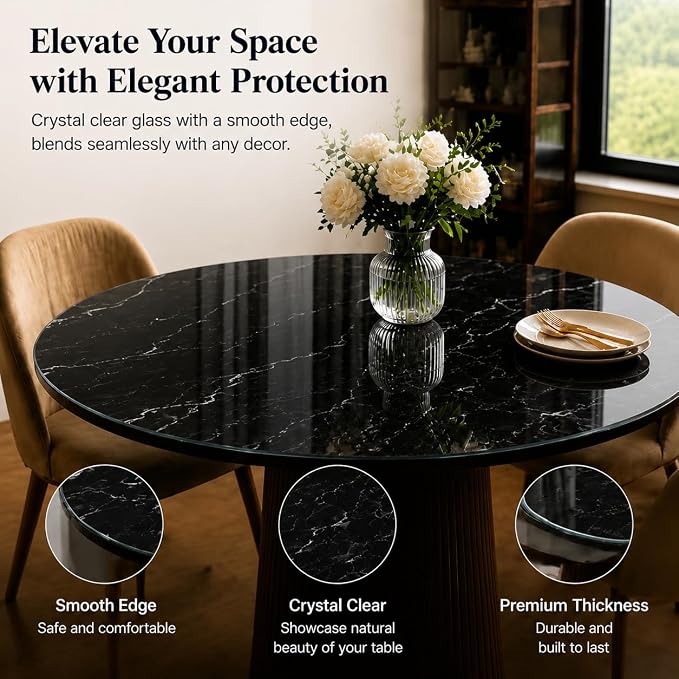 28" Round Tempered Glass Table Top, 5/16" (8mm) Thick, Marble Pattern Replacement, Heavy-Duty, Heat & Scratch Resistant for Coffee, Dining & Patio Tables, Black