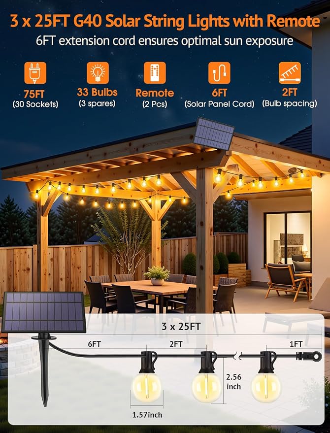 75FT(3x25FT) Solar String Lights with Remote, 30+3 G40 Bulbs, Black | Solar Powered, Dusk to Dawn, Dimmable, Timer, Memory Function, LED Globe Hanging Lights for Balcony Pergola Porch Decor