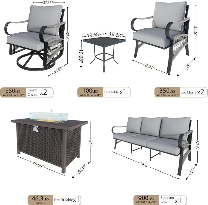 7 Pieces Patio Furniture Set, Metal Outdoor Conversation Sets with Fire Pit Table and Swivel Chairs for Backyard Garden Deck Porch Poolside (Thick Gray Cushions)