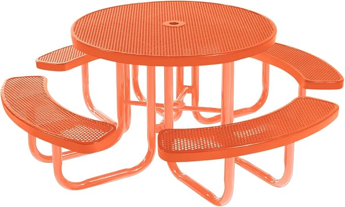COATEDOUTDOORFURNITURE Heavy-Duty Portable Outdoor Picnic Table with Umbrella Hole, Punched Steel Commercial-Grade Patio Furniture Made in America (46" Round Top, Orange with Orange Frames)