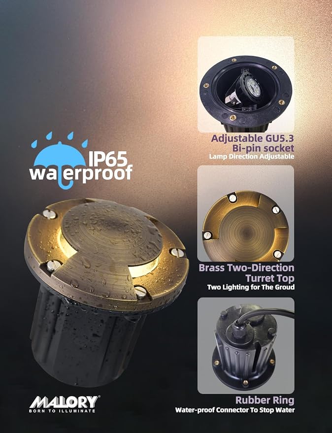 MALORY Brass Top Cover Landscape Well Lights,(φ126 mm) 12V Low Voltage Outdoor In Ground Lights,Landscape Lighting for Pathway, Driveway and Garden (Two-Direction Turret, 4-Pack with Bulb)