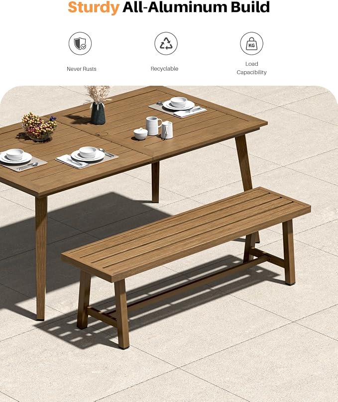 Teak Outdoor Patio Bench for 2 Person, Never-Rust Aluminum 57'' Backless Outdoor Bench with Removable Cushion, Weather-Resistant Outside Dining Benches for Porch, Deck, Garden, Backyard