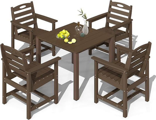 Domi HDPE Outdoor Dining Set, All-Weather Outdoor Dining Table Set of 5 with 2" Umbrella Hole, Outdoor Patio Dining Set for Garden, Poolside, Backyard, Deck, Brown