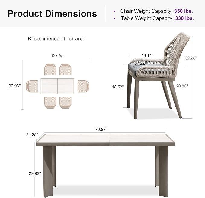 PURPLE LEAF 7 Pieces Patio Dining Set Aluminum Rectangular Table and Wicker Chairs with Cushions for Kitchen Porch Garden Modern Outdoor Furniture Sets, Light Grey