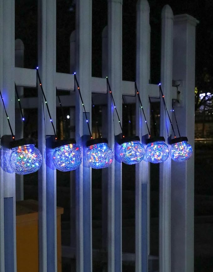 Solar Lights Outdoor Waterproof 12-Pack, Solar Powered Hanging Lantern Cracked Glass Hanging Globes for Yard Decor Christmas Decoration, Shepherd Hook, Garden Tree Ornaments, RGB