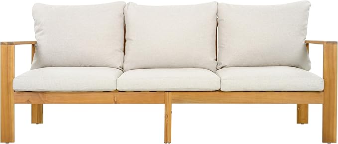 Christopher Knight Home Kayahs 3 Pieces Acacia Wood Furniture Set, Patio Conversation Sofa with Coffee Table and Ottoman, Outdoor 3-Seater Sofa Set for Backyard Balcony Gardern, Teak Finish+Beige