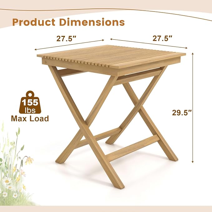 Tangkula 27.5 Inch Teak Wood Patio Dining Table, Square Outdoor Bistro Table with Slatted Tabletop, Sturdy Wood Frame & Thickened Top, Teak Outside Dining Table for Balcony, Deck, Porch, Backyard