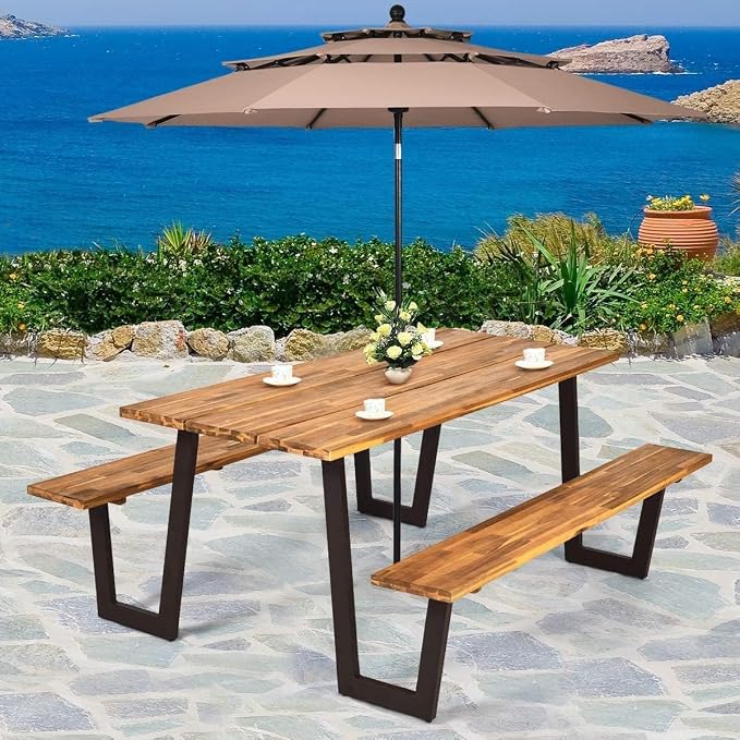 HAPPYGRILL Outdoor Picnic Table Bench Set with Wood Top & Steel Frame, Patio Dining Picnic Table Set with Umbrella Hole for Garden Backyard, Patented