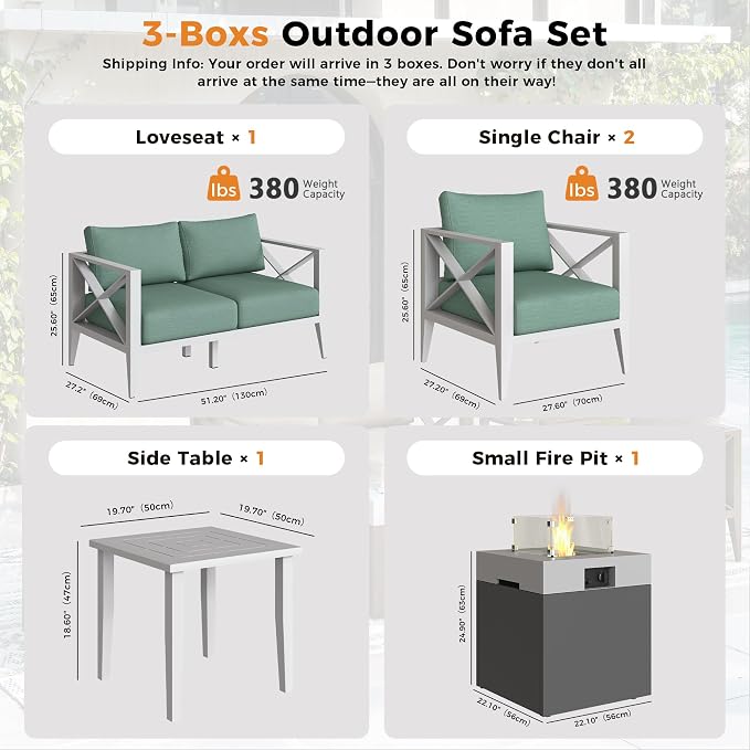 Aluminum Outdoor Patio Furniture Set with Fire Pit, 6-Piece Outdoor Sectional with 5.2" Thick Cushions, Patio Conversation Sets for Backyard,(White,4 Seats)