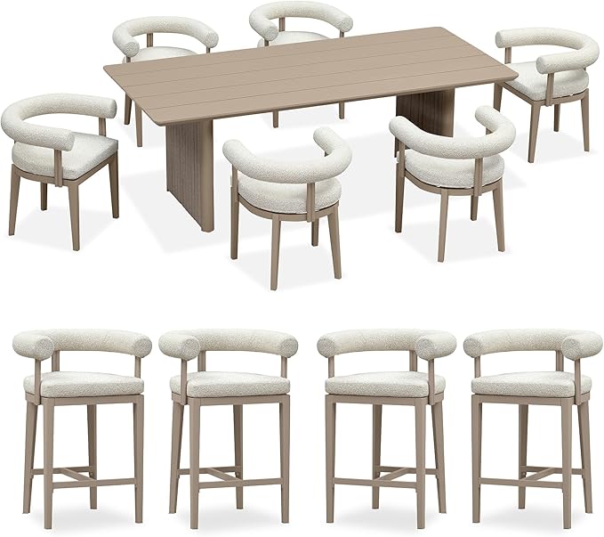 PURPLE LEAF 7 Pieces Patio Dining Set with Counter Stools, Seamless Table | Wraparound Backrests, Textured Olefin Fabric, Cushioned Armrest, Aluminum, Hand-Braided Rope Table Base, Earth-Tone Palette