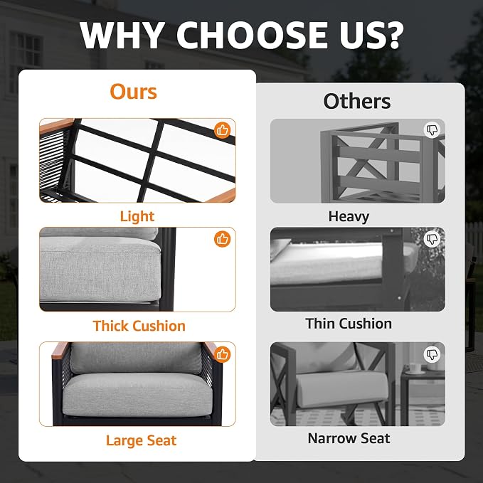 NATURAL EXPRESSIONS Aluminum Patio Loveseat Sofa, Outdoor Couch Furniture with Fauxwood Armrest, 6" Olefin Cushion, Rattan Side-armrest, All-Weather Outside Couch for Porch, Yard, Balcony, Deck