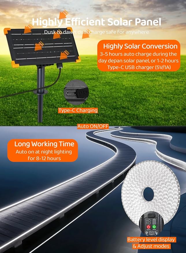 Gaoxun 32.8ft Solar LED Strip Lights Outdoor, 640 LED, Cool White Flexible Rope Light with Remote Control, Dimmable, 8 Modes, IP68 Waterproof Self-Adhesive Accent Lighting for Patio Pool Stair Decor