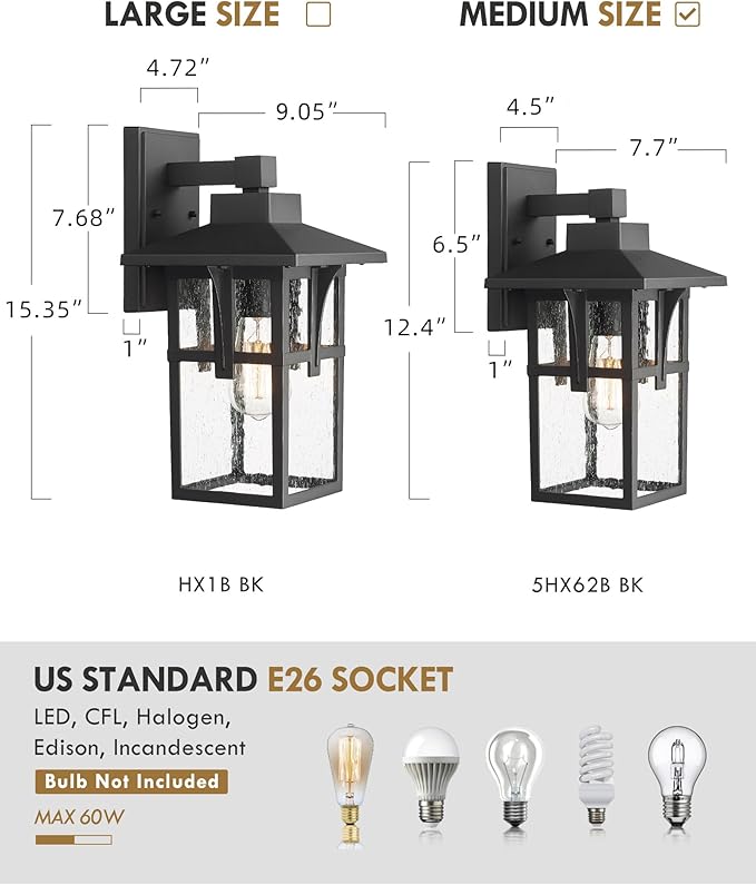 HWH INVESTMENT Outdoor Indoor Wall Sconce Exterior Wall Lantern with Seeded Glass Shade, Waterproof Porch Light Fixtures for Doorway, Hallway, Garage, Matte Black, 5HX62B BK