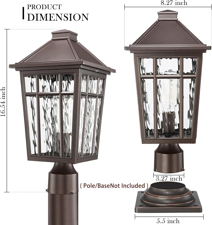 Darkaway 2pcs Large Outdoor Post Lights Lamp Post Light Fixture, 17inch Waterproof Aluminum Housing with Water Ripple Glass for Garden Patio Pathway
