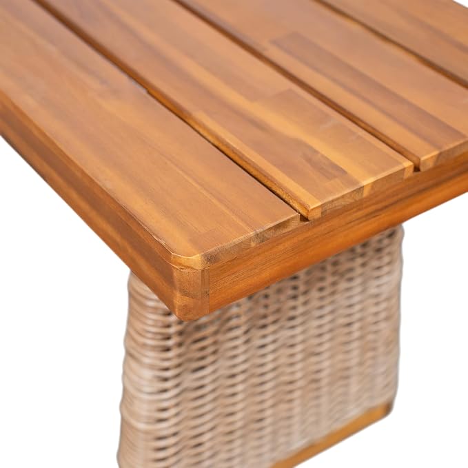 Merax 3-Piece Outdoor Dining Set Acacia Wood, 1 Table + 2 Benches, Slatted Design Tabletop & Woven Rattan Legs, Weather-Resistant Rectangle Patio Dining Set, Brown