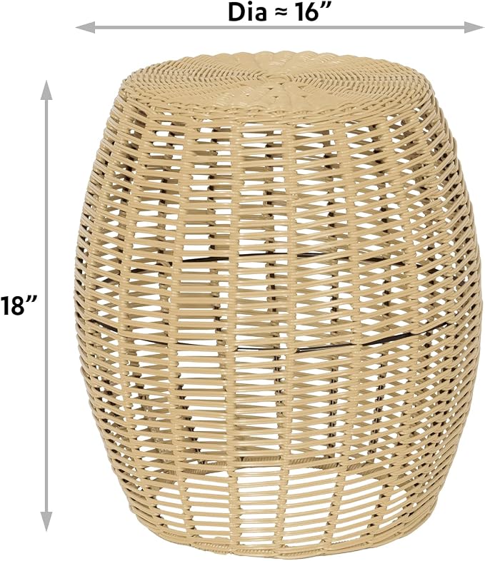 ABBLE Patio Resin Wicker Side Table Yellow Barrel End Table Metal Frame Storage Basket Indoor Outdoor Use, Natural