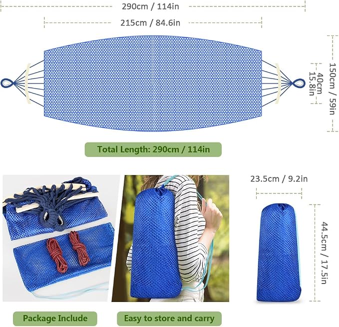 Outdoor Hammock, Super Soft and Breathable Mesh Hammock Made of Cool Nylon with Wooden Bars for Indoor, Balcony, Terrace, Garden, Camping, Backpacking
