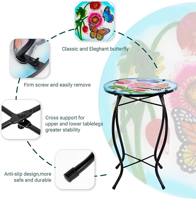 12 Inch Round Butterfly Glass Side Table, Patio Small Table, Outdoor Side Table, Outdoor Bar Table, Metal Glass End Table for Porch Garden Patio Pool Living Room