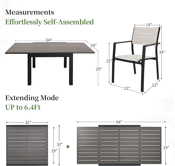 5 Piece Outdoor Dining Set, Expandable Outdoor Patio Dining Table Set for 4-6 Person, Aluminum Outdoor Table and 6 Chairs with Textilene Fabric & Armrest for Patio, Garden, Lawn, Deck(Grey)