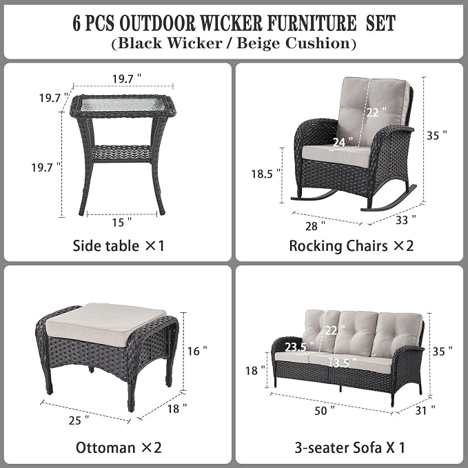 Belord Patio Rocking Chairs Furniture Set of 6, Outdoor Wicker Furniture Sets with Wicker Rocker, Small Patio Conversation Sets with Outdoor Couch Ottomans Black/Beige