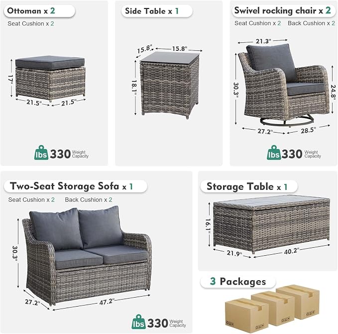 MEISSALIVVE Outdoor Patio Furniture Set with Swivel Chairs, 7 Pieces Wicker Rattan Sofa Couch with Loveseat, Patio Conversation Set with Rocker Patio Chair, 2 Ottomans and Coffee Table (Grey)