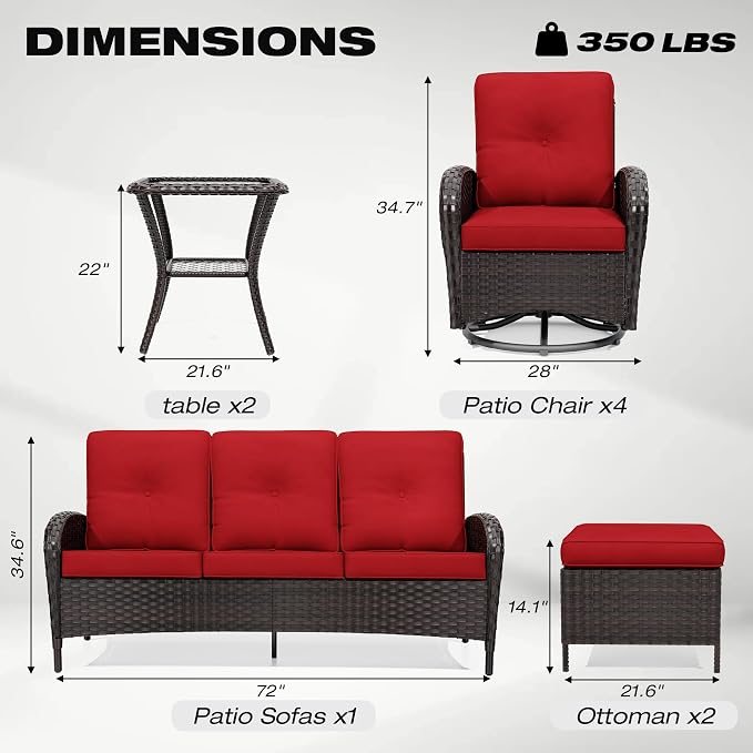 Joyside Wicker Patio Furniture Set, 9 Piece Outdoor Furniture Set with Thickened Cushions, High Back, Deep Seating, Wide Armrest, Outdoor Swivel Rocker Chairs for Porch, Deck