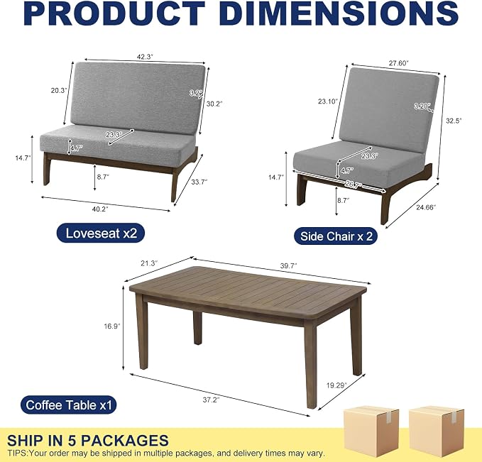 Pia Ricoo 4 Piece Patio Furniture Sets, Outdoor Furniture with 2 Chairs & Coffee Table, Patio Conversation Set for Backyard, Deck, Lawn, Gray