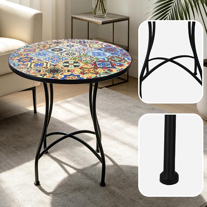24 Inch Mosaic Patio Round Side Table with X-Curved Legs Indoor and Outdoor Accent End Table for Yard, Garden, Living Room, Bistro, B - Multicolor Talavera