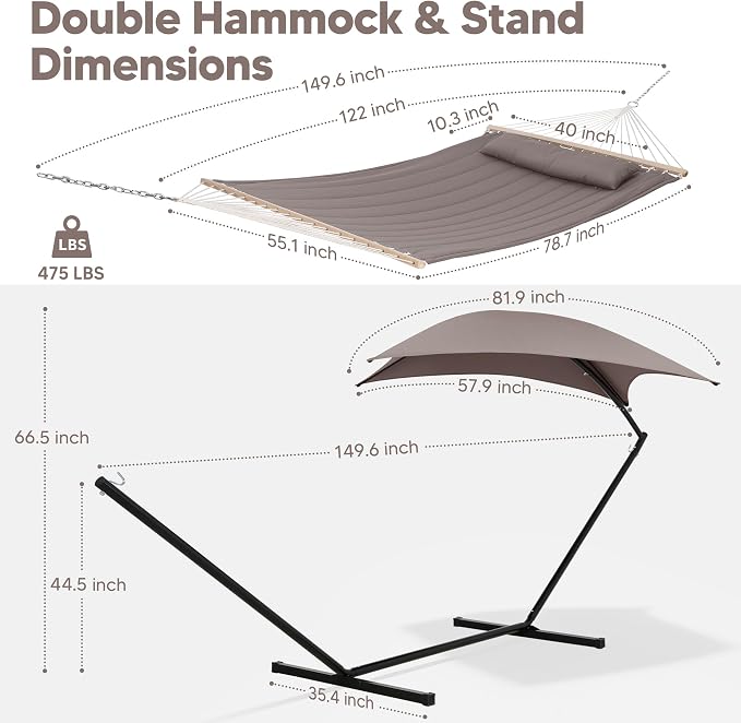 SUNCREAT Portable Outdoor Hammock with Stand, Canopy, Double Hammock with Stand for Outside, Patent Pending, Brown