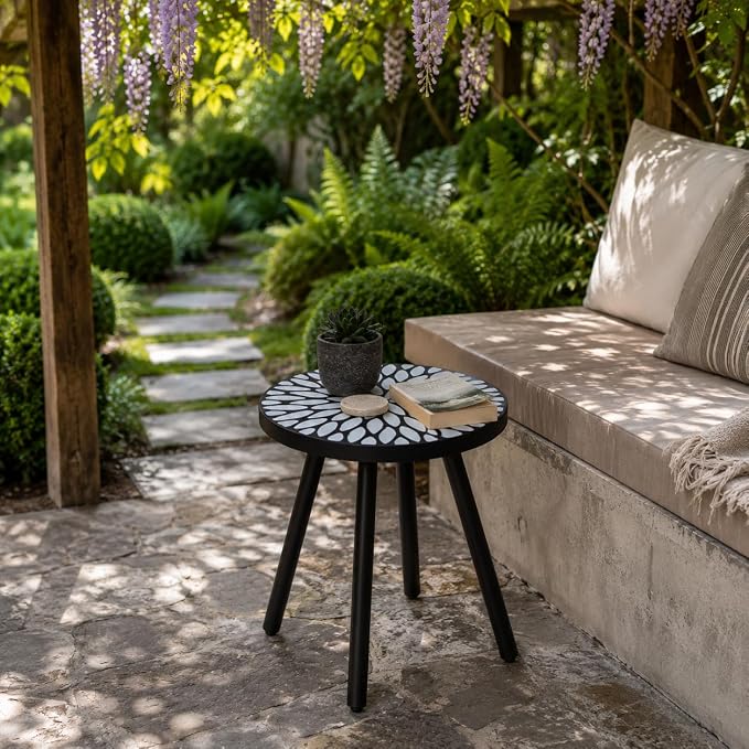 Laurel Outdoor Side Table, 18" Mosaic Round Accent Table with Ceramic Tile Tabletop and Steel Frame, Indoor Small Decorative Plant Stand & End Table for Living Room, Patio, Garden - Black/White