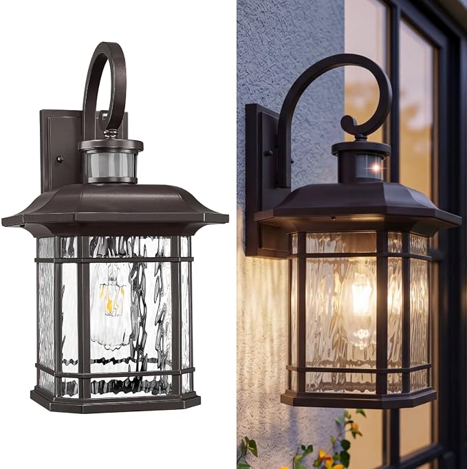Emliviar Medium Large Motion Sensor Outside Lantern, Outdoor Wall Sconce Porch Light, 1-Light Wall Lamp with Water Ripple Glass, Oil Rubbed Bronze Finish, 2084B-M-SE ORB-SW