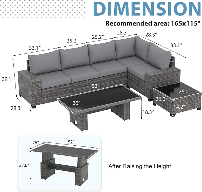 JOIVI 7 Piece Outdoor Patio Furniture Set with Adjustable Height Dining Table, Rattan Outdoor Sectional Sofa Conversation Set, PE Wicker L-Shaped Patio Furniture for Garden, Backyard, Deck, Gray