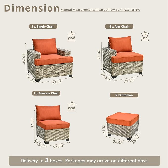 Weaxty 7 Pieces Outdoor Furniture Set, Patio Sectional Sofa Wide Seats Couch Chair with Ottoman, Thick Cushion All-Weather Rattan Patio Conversation Sets for Backyard Porch Balcony, Orange Red