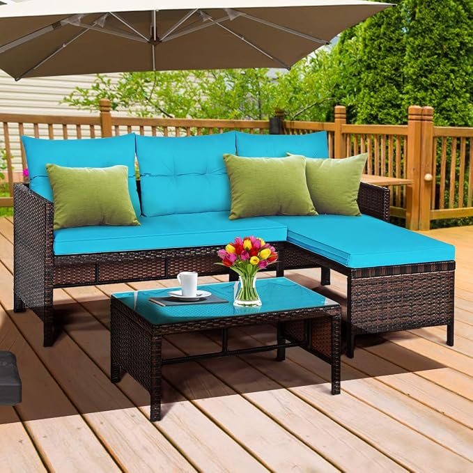 DORTALA Wicker Patio Furniture Set Couch 3 Piece, L-Shaped PE Rattan Outdoor Sectional Sofa Conversation Set with Loveseat, Lounge and Tempered Glass Coffee Table for Garden Lawn Deck, Turquoise