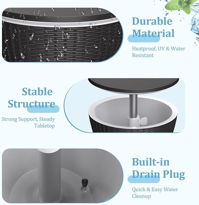 Outdoor Side Table, Cooler Bar Table, Weather Resistant Patio End Tables, Patio Furniture for Garden, Porch, Pool, Lawn, Backyard or Indoor (Black)