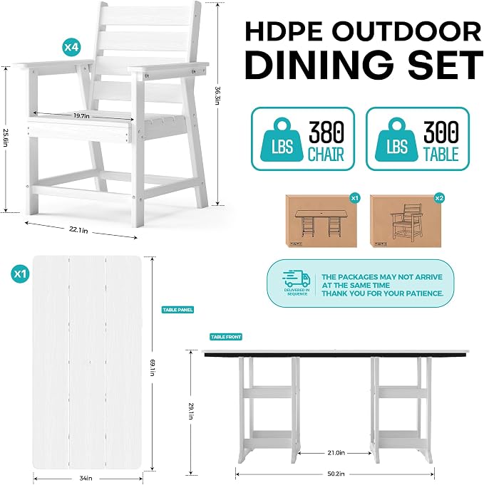 7-Piece Dining Set, HDPE Table & 6 Chairs, White | HDPE Dining Set: 69.1" Table + 6 Chairs, 380 lbs, 304 Stainless, All-Weather, No Rust No Crack, Outdoor Patio Garden