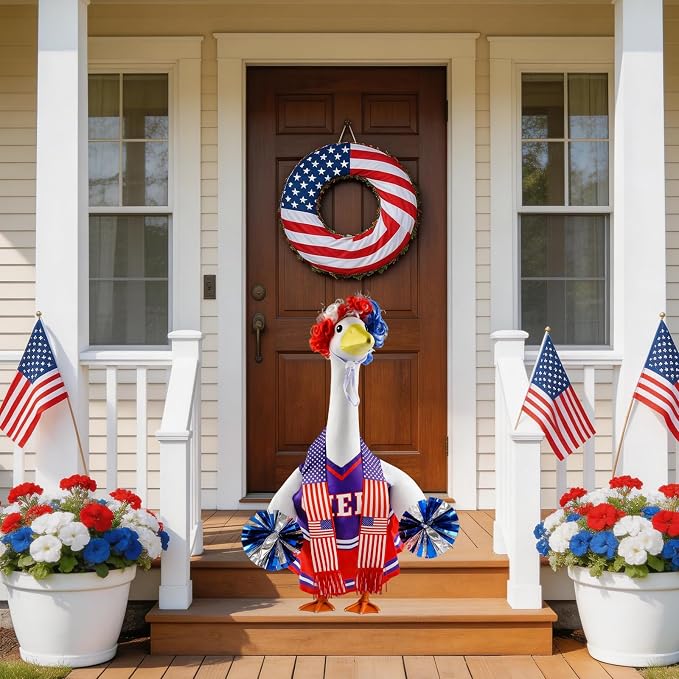 Patriotic Cheerleader Porch Goose Outfits – 4th of July Porch Goose Clothes with Pom Poms, 23 Inch Goose Statue Costume for Garden Patio USA 250th Anniversary