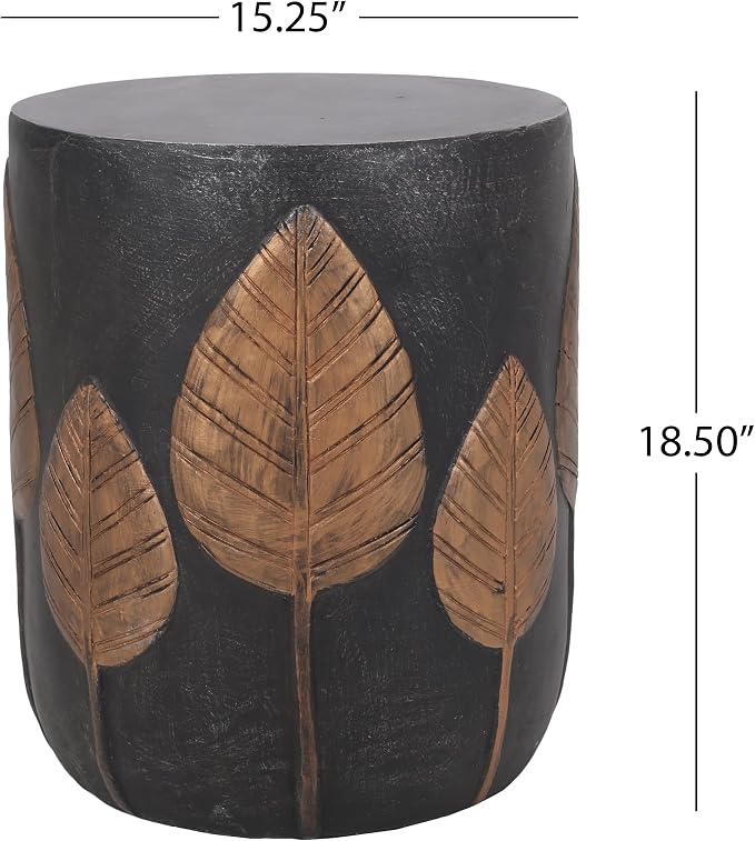 Outdoor Side Table Concrete End Table Round Drum Side Tables Vintage Small Coffee Tables for Indoor Outdoor,Garden Stool for Patio Porch Backyard,Cylinder, Black & Gold Leaves