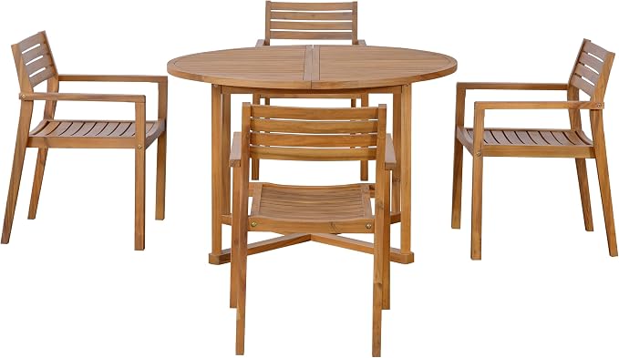 Merax 5-Piece Outdoor Dining Set for 4 People, Weather-Resistant Sturdy Acacia Wood Furniture Sets, 4 Chairs + 47.2" Round Dining Table, for Patios Garden Poolside Lawn, Natural