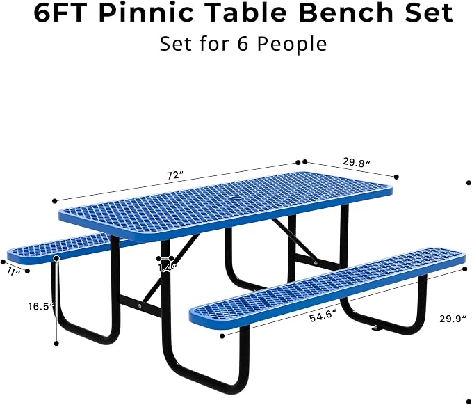 6FT Rectangular Steel Outdoor Picnic Table, Commercial Picnic Table Bench Set with Umbrella Hole, Weather-Resistant Heavy Duty School Dining Table for Stores, Park, Patio, Garden, Backyard, Blue