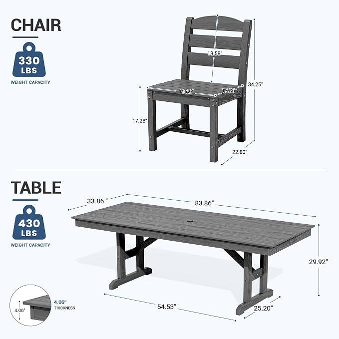 KINGYES 8-Person Outdoor Patio Dining Set with Patio Umbrella,84 inch HDPE Rectangular Table and Chairs Set，Waterproof Furniture Set with Umbrella Hole for Backyard,Grey