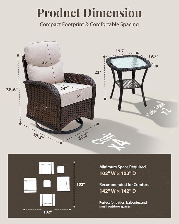 Patio Furniture Set with Luxury 6" Cushions, 6 Pieces Swivel Rocking High Back Patio Chairs, Outdoor Wicker Conversation Set for Deck, Porch, Backyard, Poolside, Beige